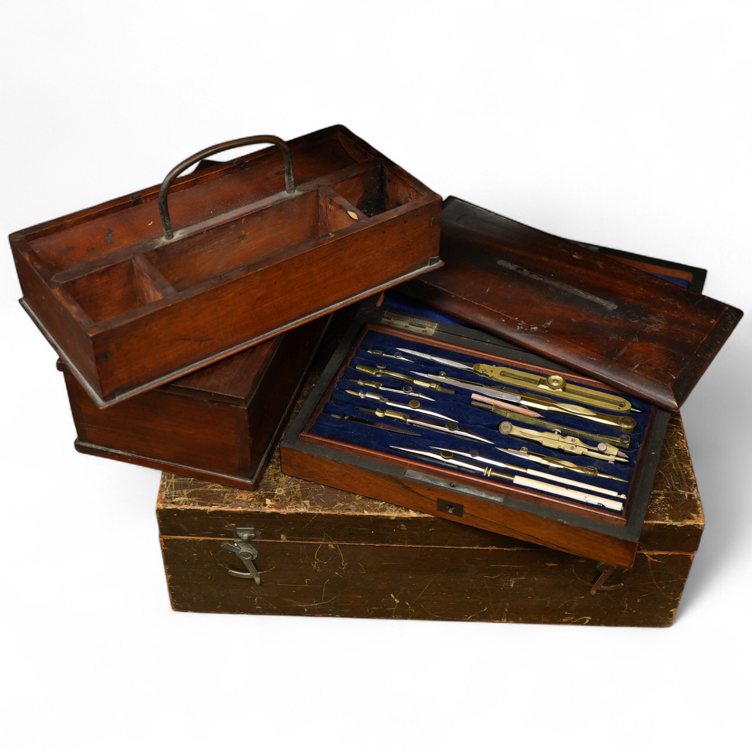 Two Victorian and later drawing instrument sets, boxed Meccano and other boxes